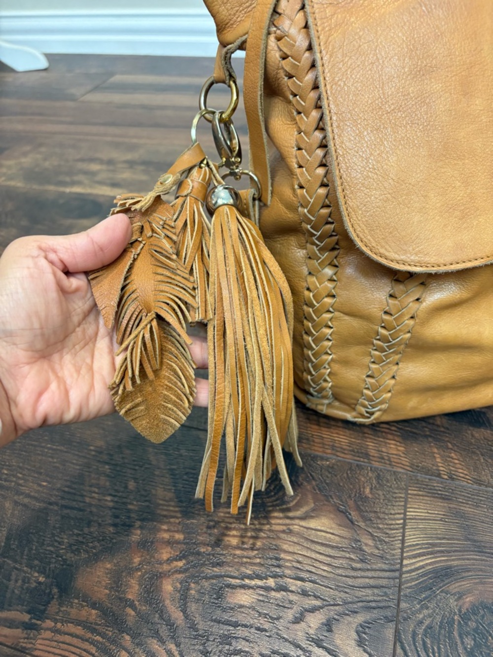 MUSS Tan Leather Convertible Backpack - Woven Detail Feather Tassel - Picture 2 of 6